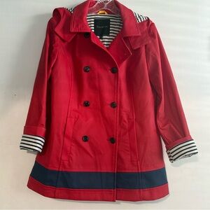 Red Hooded Double-Breasted Raincoat with Striped Lining and Navy Hem. Sz. S